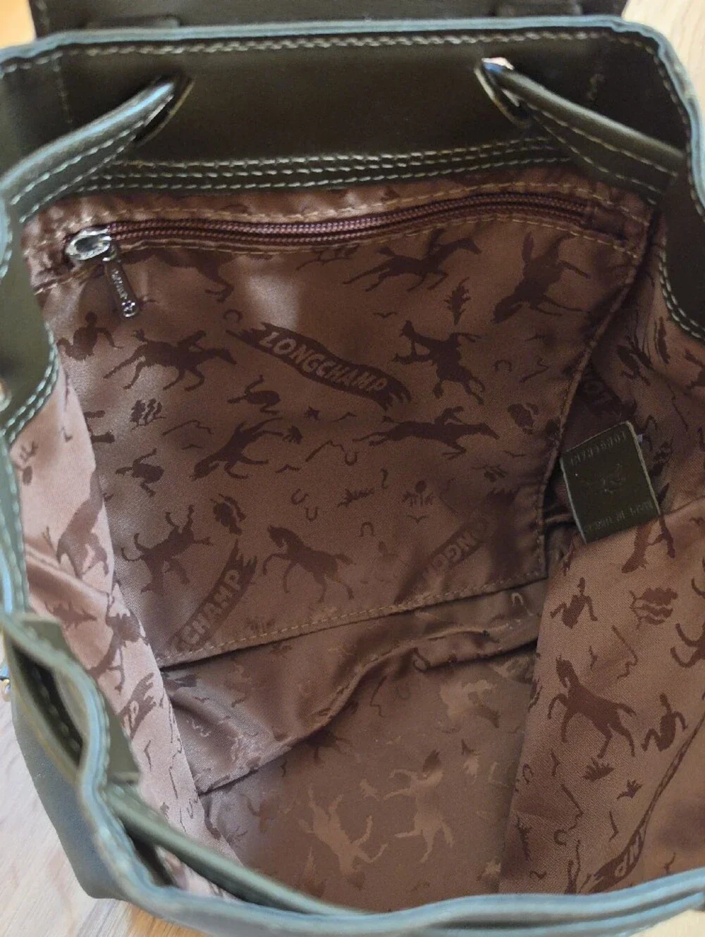 Longchamp Small Leather Backpack in Olive Green